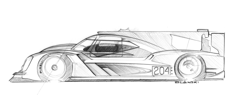Early side profile theme sketch of the Cadillac DPi-V.R design, which includes ideas for reworking the window shape, the side blades and the fenders to be more angular and look more like a Cadillac. Image credit: Cadillac.